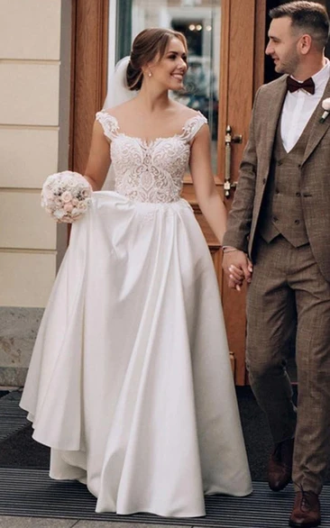 Jewel Satin Lace Sleeveless Brush Train Button Illusion A Line Wedding Dress