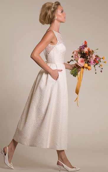 A-line Bateau Sleeveless Tea-length Lace Wedding Dress with Deep-V Back and Sash