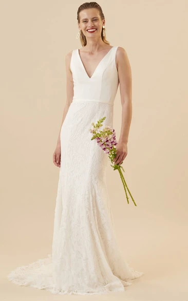 Modern Sheath Lace Sleeveless Brush Train Low-V Back Wedding Dress