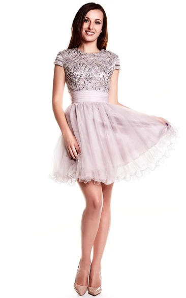 A-Line Mini Scoop Neck Sequined Cap Sleeve Tulle Prom Dress With Keyhole