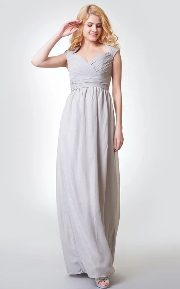 A-Line Key-Hole Chiffon Ruched Criss-Crossed Floor-Length Gown