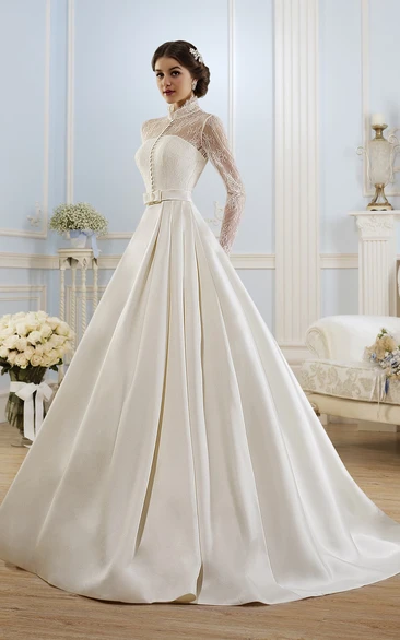 High-Neckline Lace Satin Ball-Gown Princess Illusion Dress