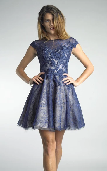 Mini Short-Sleeve Illusion Short A-Line Lace High-Neckline Gown