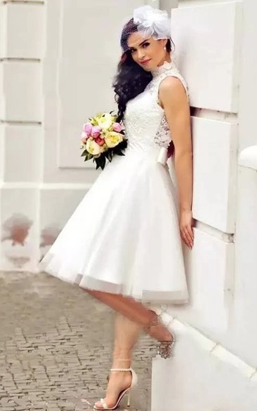 Lace High-neck Elegant Empire A-line Tulle Knee-length Wedding Dress