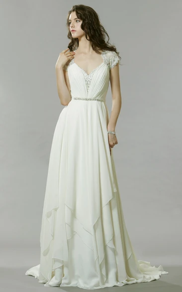 Sheath V-neck Cap-Sleeve Floor-length Chiffon Wedding Dress with Keyhole and Draping
