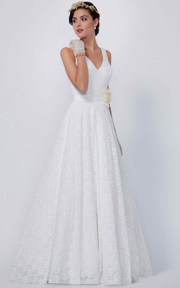 A-line V-neck Sleeveless Floor-length Lace Bridesmaid Dress with Corset Back and Flower