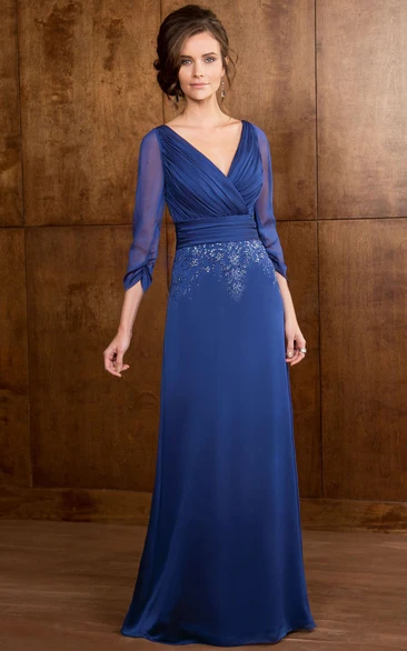 Sheath V-neck 3/4 Length Sleeve Floor-length Jersey Mother of the Bride Dress with Low-V Back and Beading