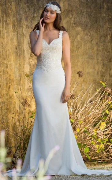 Sheath V-neck Sleeveless Floor-length Chiffon Wedding Dress with Low-V Back and Appliques