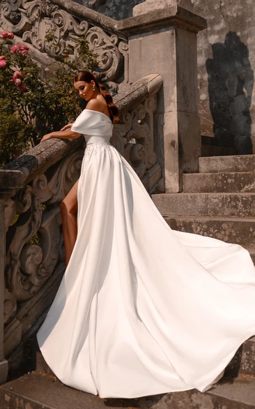 Satin Off-the-shoulder Front Split A-line Wedding Dress with Waist Beadings