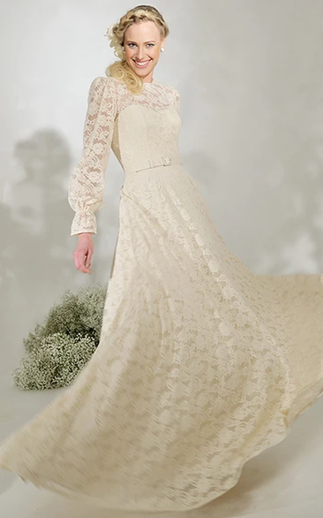 Sheath High Neck Long Sleeve Floor-length Lace Wedding Dress with Low-V Back and Ribbon