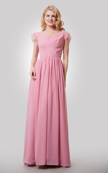 Long V-Neckline Cap Lace Sleeves A-Line Chiffon Dress