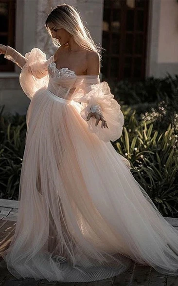 Sweetheart Off-the-shoulder Empire A-line Tulle Puff A-line Illusion Dress