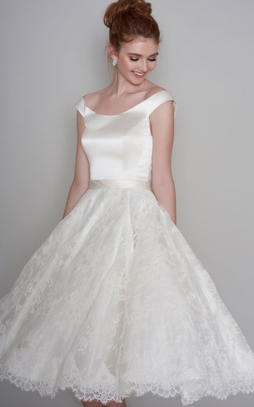 Simple Satin and Lace A-line Cap-Sleeve Tea-length Wedding Dress