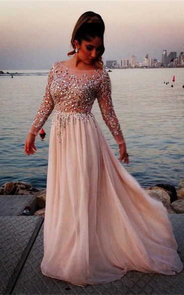 Jewels Long Chiffon Long-Sleeve Glamorous Prom Dress
