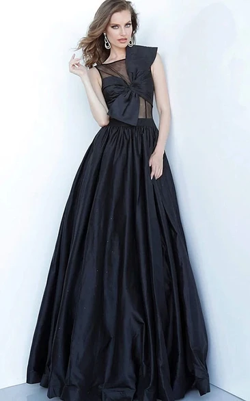 Black A Line Bateau Neck Sleeveless Floor Length Dress with Bow
