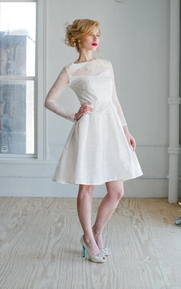 Bateau Long Illusion Sleeve A-Line Knee-Length Taffeta Wedding Dress