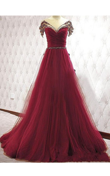 Short-sleeved A-line Ballgown with Sequins and Pleats