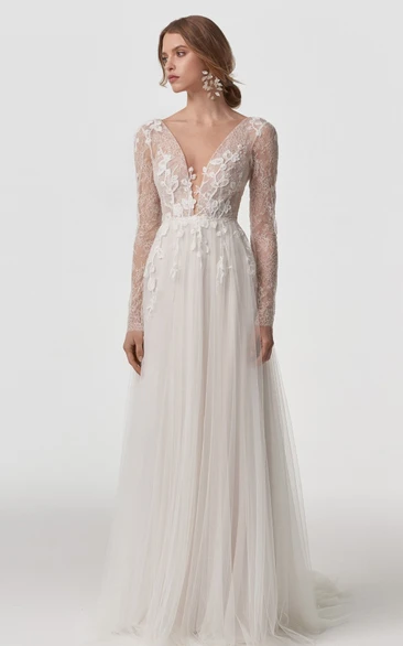 Boho White Long Sleeve Lace Romantic Tulle Wedding Dress