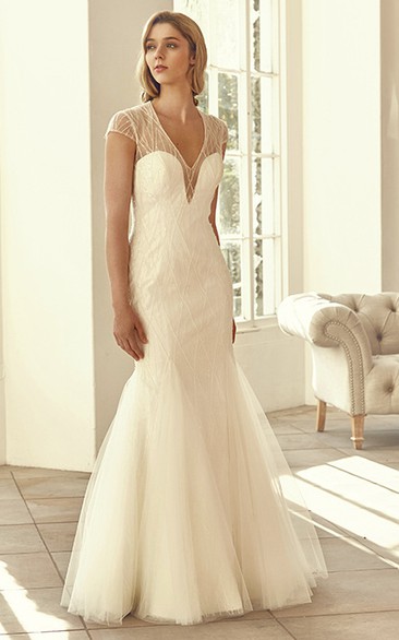 Mermaid/Trumpet V-neck Short Sleeve Floor-length Tulle Wedding Dress with Illusion and Beading