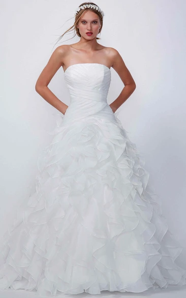 A-line Strapless Sleeveless Floor-length Organza Bridesmaid Dress with Corset Back and Ruffles
