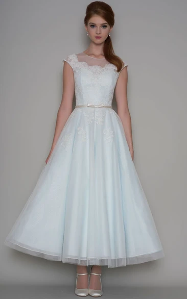 A-line Scoop Short Sleeve Ankle-length Tulle Wedding Dress with Illusion and Appliques