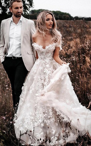 Off-the-shoulder Sweetheart A-line Ball Gown Lace Applique Country Wedding Dress