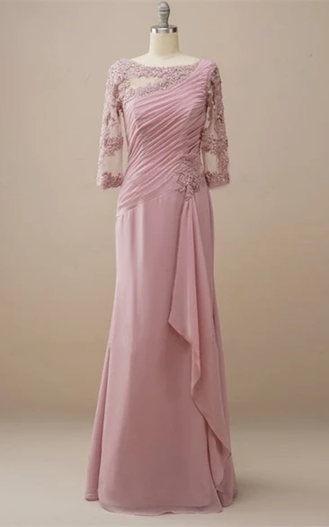 3/4 Length Sleeves Dusty Rose Ruching Mother of the Bride Dress with Appliques and Draping