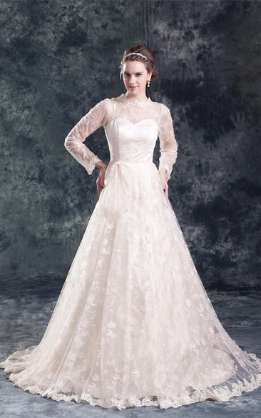Long-Sleeve Es Wedding Satin Amazing High-Neckline Gown