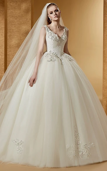 Ball Gown V-neck Sleeveless Floor-length Tulle Wedding Dress with Corset Back and Sequins