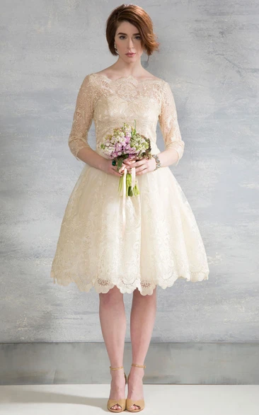 A Line Bateau 3/4 Length Sleeves Knee-length Lace Wedding Dress