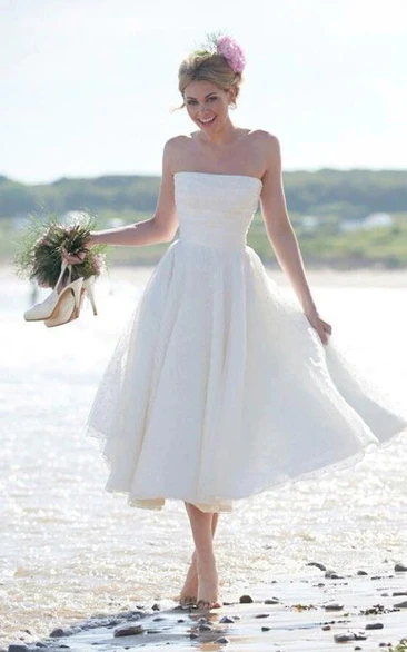 Beach Tea-length A-line Ruched Low-v Back Wedding Dress
