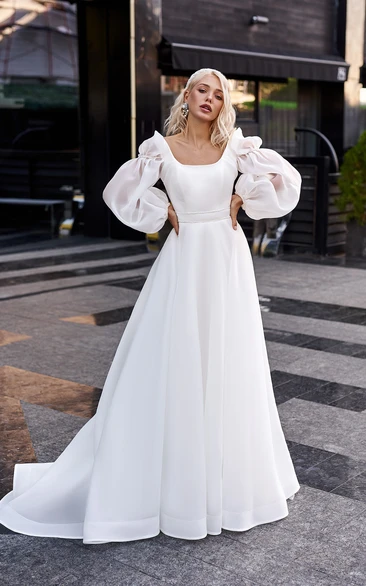 Square-neck Puff-long-sleeve Empire A-line Satin Wedding Dress