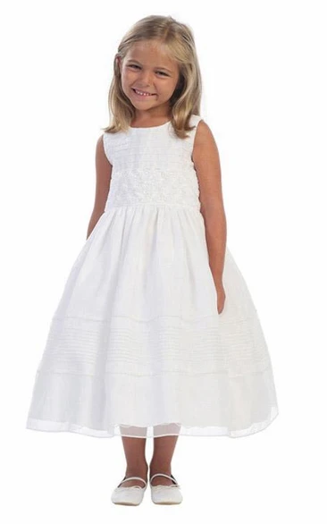 Embroidered Tiered Tea-Length Organza Flower Girl Dress