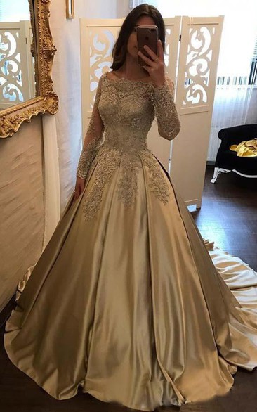 Off-the-shoulder Satin Lace Long Sleeve Court Train Beading Pleats Embroidery Dress