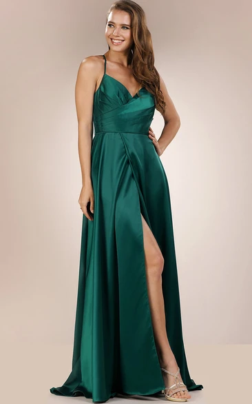 Modern A Line Floor-length Sleeveless Satin Prom Dress with Split Front