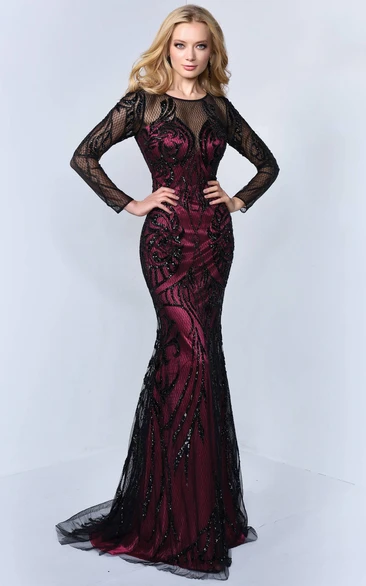 Trumpet Illusion Sequined Full-Length Scoop-Neck Tulle Long-Sleeve Satin Dress