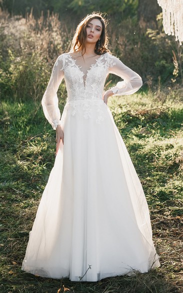 Country Long Sleeve Boho A-line Illusion Lace Wedding Dress