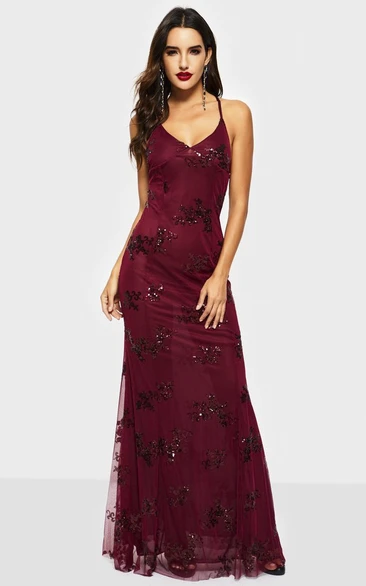 Sexy Sleeveless Sheath V-neck Tulle Gown With Straps And Sequin Appliques