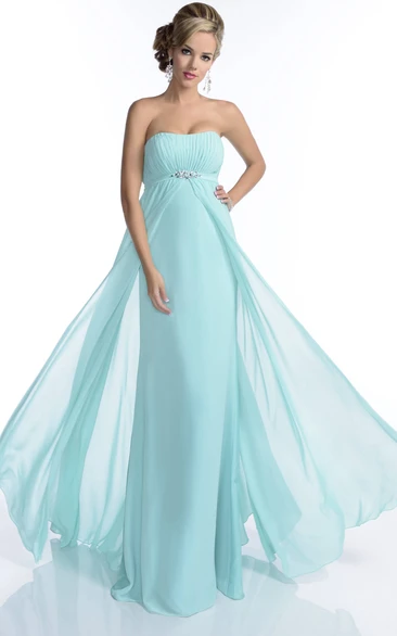 A Line Strapless Sleeveless Floor-length Chiffon Bridesmaid Dress with Ruching and Waist Jewellery