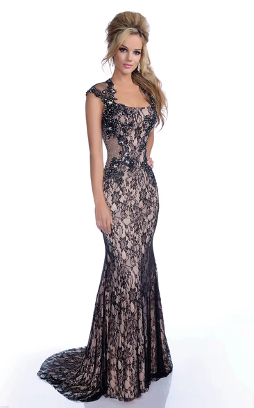 Trumpet Cap Sleeve Lace Prom Dress With Beadings And Keyhole Back