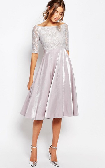 Bateau Half Sleeve A-line Knee-length Dress With Lace Illusion top