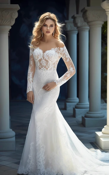 Off-the-shoulder Mermaid Illusion Long Sleeve Applique Elegant Wedding Dress
