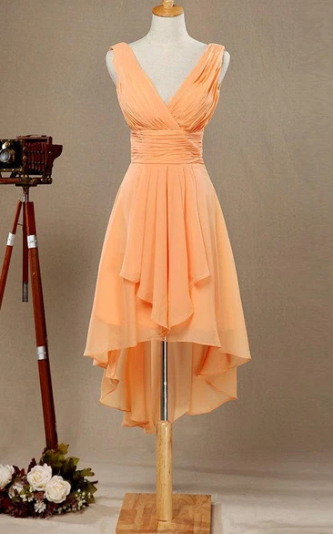 Plunged Sleeveless Chiffon short High-low Bridesmaid Dress With Draping