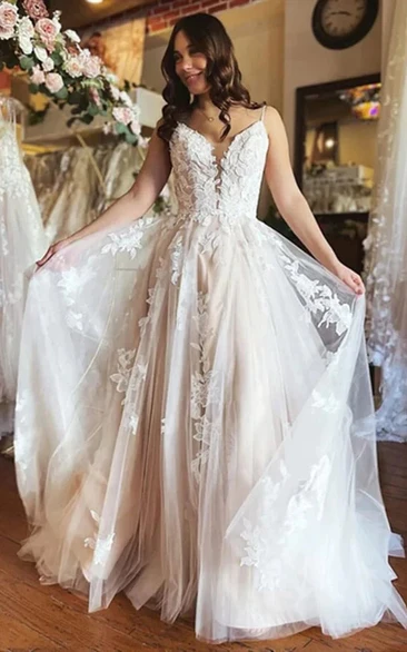 Spaghetti Lace Applique Plunged Empire A-line Wedding Dress