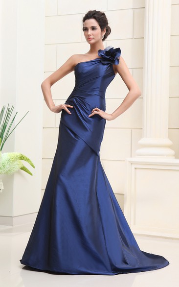 Floral Side Gathering One-Shoulder Asymmetrical Gown