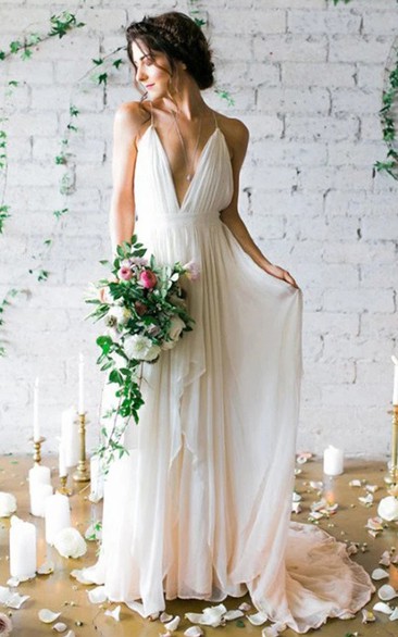 Spaghetti V-neck Chiffon  Sleeveless Wedding Dress