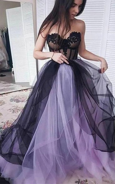 Two-Tone Sweetheart Tulle Black and Purple Ball Gown Prom Evening Dress