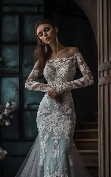 Lace Applique Off-the-shoulder Long Sleeve Mermaid Sheath Exquisite Wedding Dress