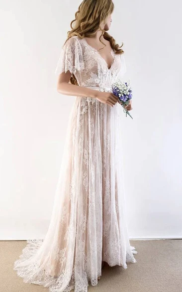 V-neck Lace Empire Poet-sleeve Pleated Wedding Dress with Sweep Train