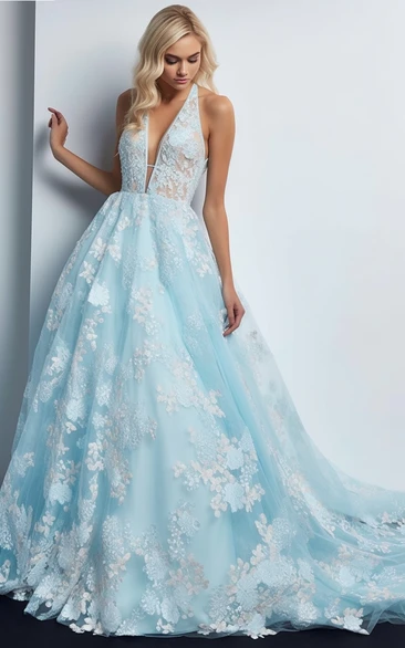 Sleeveless Halter Empire A-line Ball Gown Blue Applique Evening Formal Dress